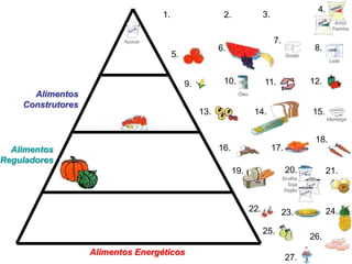 4.
                                   1.                    2.                 3.
                                                                                                          Arroz
                                                                                                         Farinha

                          Açúcar                                                 7.
                                                        6.                                       8.
                                        5.                                             Queijo
                                                                                                        Leite



                                             9.          10.                11.                 12.
      Alimentos                                                Óleo

    Construtores
                                                  13.                  14.                      15.
                                                                                                       Manteiga



                                                                                                 18.
  Alimentos                                             16.                      17.
Reguladores
                                                              19.                      20.             21.
                                                                                      Ervilha
                                                                                        Soja
                                                                                       Feijão



                                                                      22.             23.              24.

                                                                            25.
                                                                                                26.
                   Alimentos Energéticos
                                                                                       27.
 