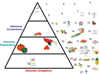 4.
                                     1.                    2.                 3.

                            Açúcar                                                 7.
                                                          6.                                       8.
                                          5.                                             Queijo
                                                                                                          Leite



                                               9.          10.                11.                 12.
      Alimentos                                                  Óleo

    Construtores
                                                    13.                  14.                      15.
                                                                                                         Manteiga



                                                                                                   18.
  Alimentos                                               16.                      17.
Reguladores
                                                                19.                      20.             21.
                                                                                        Ervilha
                                                                                          Soja
                                                                                         Feijão



                                                                        22.             23.              24.
                        Arroz
                       Farinha                                                25.
                                                                                                  26.
                   Alimentos Energéticos
                                                                                         27.
 