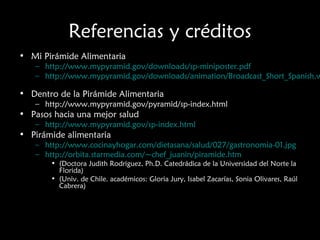 Referencias y créditos 
• Mi Pirámide Alimentaria 
– http://www.mypyramid.gov/downloads/sp-miniposter.pdf 
– http://www.mypyramid.gov/downloads/animation/Broadcast_Short_Spanish.wmv 
• Dentro de la Pirámide Alimentaria 
– http://www.mypyramid.gov/pyramid/sp-index.html 
• Pasos hacia una mejor salud 
– http://www.mypyramid.gov/sp-index.html 
• Pirámide alimentaria 
– http://www.cocinayhogar.com/dietasana/salud/027/gastronomia-01.jpg 
– http://orbita.starmedia.com/~chef_juanin/piramide.htm 
• (Doctora Judith Rodriguez, Ph.D. Catedrádica de la Universidad del Norte la 
Florida) 
• (Univ. de Chile. académicos: Gloria Jury, Isabel Zacarías, Sonia Olivares, Raúl 
Cabrera) 
