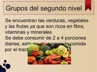 Grupos del segundo nivel
lSe encuentran las verduras, vegetales
y las frutas ya que son ricos en fibra,
vitaminas y minerales
lSe debe consumir de 2 a 4 porciones
diarias, esto ayuda a pasar la comida
por el tracto digestivo
 