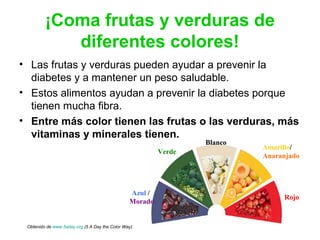 ¡Coma frutas y verduras de
diferentes colores!
• Las frutas y verduras pueden ayudar a prevenir la
diabetes y a mantener un peso saludable.
• Estos alimentos ayudan a prevenir la diabetes porque
tienen mucha fibra.
• Entre más color tienen las frutas o las verduras, más
vitaminas y minerales tienen.
Amarillo/
Anaranjado
Rojo
Blanco
Verde
Azul /
Morado
Obtenido de www.5aday.org (5 A Day the Color Way)
 