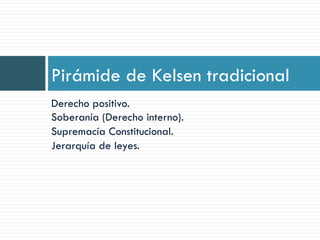 Derecho positivo.
Soberanía (Derecho interno).
Supremacía Constitucional.
Jerarquía de leyes.
Pirámide de Kelsen tradicional
 