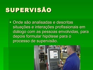 SUPERVISÃO Onde são analisadas e descritas situações e interações profissionais em diálogo com as pessoas envolvidas, para depois formular hipótese para o processo de supervisão. 
