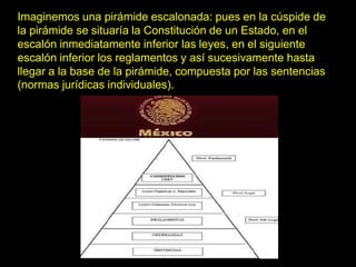 Imaginemos una pirámide escalonada: pues en la cúspide de
la pirámide se situaría la Constitución de un Estado, en el
escalón inmediatamente inferior las leyes, en el siguiente
escalón inferior los reglamentos y así sucesivamente hasta
llegar a la base de la pirámide, compuesta por las sentencias
(normas jurídicas individuales).
 
