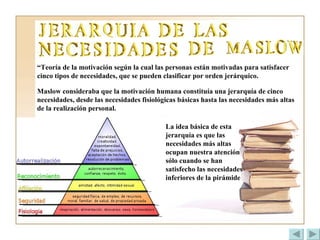 “ Teoría de la motivación según la cual las personas están motivadas para satisfacer cinco tipos de necesidades, que se pueden clasificar por orden jerárquico. Maslow consideraba que la motivación humana constituía una jerarquía de cinco necesidades, desde las necesidades fisiológicas básicas hasta las necesidades más altas  de la realización personal . La idea básica de esta jerarquía es que las necesidades más altas ocupan nuestra atención sólo cuando se han satisfecho las necesidades inferiores de la pirámide   