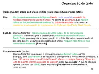 Organização do texto
10
Índios invadem prédio da Funasa em São Paulo e fazem funcionários reféns
Lide Um grupo de cerca de cem indígenas invadiu nesta terça-feira o prédio da
Fundação Nacional de Saúde (Funasa) no centro de São Paulo. Eles fizeram
reféns os funcionários de sete andares do prédio da entidade como meio de
pressionar a exoneração do coordenador do órgão em São Paulo, Raze Rezek.
_____________________________________________________________________________
Sublide Os manifestantes --representantes de 5.000 índios, de 37 comunidades
paulistas-- também exigem a presença do presidente nacional da Funasa,
Danilo Forte, para negociar a desocupação do prédio. Os índios ocuparam o local
por volta das 8h. Segundo a assessoria da Funasa, ninguém ficou ferido e não
houve danos materiais. [Precisão]
______________________________________________________________________
Corpo da matéria (trecho)
Os manifestantes bloquearam a passagem pela rua Bento Freitas, na Vila
Buarque, com dois veículos e se recusam a dialogar com a Polícia Militar, que isolou a
área. "Só vamos falar com a Polícia Federal", afirmou o cacique Guaracy. "Esse é o
jeito de a gente chamar a atenção de Brasília", disse [Declaração] A rua foi liberada
apenas por volta das 15h30 desta terça-feira [Decréscimo na importância].
(OESP, 5/5/2009)
 