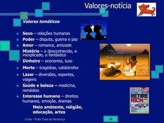 O lide - Profa Thaïs de Mendonça 10
Valores-notícia
Valores temáticos
n  Sexo – relações humanas
n  Poder – disputa, guerra e paz
n  Amor – romance, amizade
n  Mistério – o desconhecido, o
inexplicado, o fantástico
n  Dinheiro – economia, luxo
n  Morte – tragédias, catástrofes
n  Lazer – diversões, esportes,
viagens
n  Saúde e beleza – medicina,
remédios
n  Interesse humano – direitos
humanos, emoção, dramas
Meio ambiente, religião,
educação, artes
 