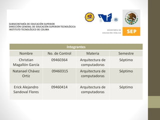 Integrantes
Nombre No. de Control Materia Semestre
Christian
Magallón García
09460364 Arquitectura de
computadoras
Séptimo
Natanael Chávez
Ortiz
09460315 Arquitectura de
computadoras
Séptimo
Erick Alejandro
Sandoval Flores
09460414 Arquitectura de
computadoras
Séptimo
 