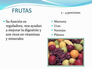 FRUTAS                           2 - 4 porciones

 Su función es               Manzana
  reguladora, nos ayudan      Uvas
  a mejorar la digestión y    Naranjas
  son ricos en vitaminas      Plátano
 y minerales
 