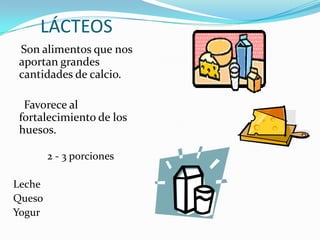 LÁCTEOS
Son alimentos que nos
aportan grandes
cantidades de calcio.

 Favorece al
fortalecimiento de los
huesos.

        2 - 3 porciones

Leche
Queso
Yogur
 