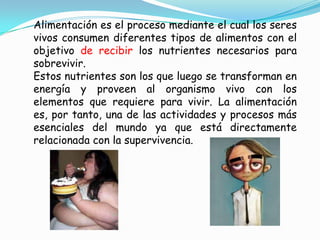 Alimentación es el proceso mediante el cual los seres
vivos consumen diferentes tipos de alimentos con el
objetivo de recibir los nutrientes necesarios para
sobrevivir.
Estos nutrientes son los que luego se transforman en
energía y proveen al organismo vivo con los
elementos que requiere para vivir. La alimentación
es, por tanto, una de las actividades y procesos más
esenciales del mundo ya que está directamente
relacionada con la supervivencia.
 