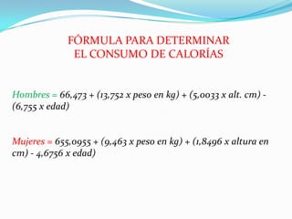 FÓRMULA PARA DETERMINAR
              EL CONSUMO DE CALORÍAS


Hombres = 66,473 + (13,752 x peso en kg) + (5,0033 x alt. cm) -
(6,755 x edad)


Mujeres = 655,0955 + (9,463 x peso en kg) + (1,8496 x altura en
cm) - 4,6756 x edad)
 