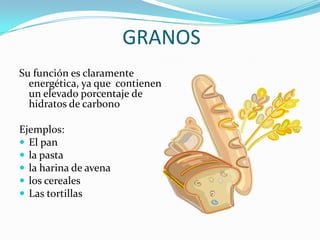 GRANOS
Su función es claramente
  energética, ya que contienen
  un elevado porcentaje de
  hidratos de carbono

Ejemplos:
 El pan
 la pasta
 la harina de avena
 los cereales
 Las tortillas
 