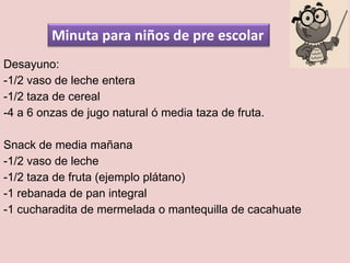 Minuta para niños de pre escolar
Desayuno:
-1/2 vaso de leche entera
-1/2 taza de cereal
-4 a 6 onzas de jugo natural ó media taza de fruta.

Snack de media mañana
-1/2 vaso de leche
-1/2 taza de fruta (ejemplo plátano)
-1 rebanada de pan integral
-1 cucharadita de mermelada o mantequilla de cacahuate
 