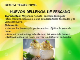 RECETA TERCER NIVEL

    HUEVOS RELLENOS DE PESCADO
Ingredientes: Mayonesa, tomate, pescado desmigado
(atún, merluza, bacalao o lo que pilles)aceitunas troceadas y la
yema del huevo.
Elaboración:
- Hierves los huevos y lo partes en dos. Quitas la yema de
huevo.
- Mezclas todos los ingredientes con las yemas de huevos.
- Rellenas los huevos con la mezcla y a disfrutar en familia!
 