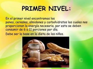 PRIMER NIVEL:
En el primer nivel encontramos los
panes, cereales, almidones y carbohidratos los cuales nos
proporcionan la energía necesaria, por esto se deben
consumir de 6 a 11 porciones por día.
Debe ser la base en la dieta de los niños.
 