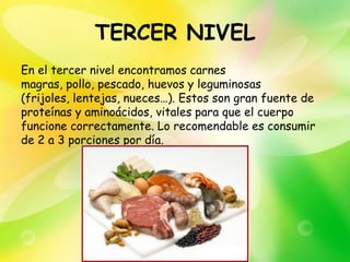 TERCER NIVEL
En el tercer nivel encontramos carnes
magras, pollo, pescado, huevos y leguminosas
(frijoles, lentejas, nueces…). Estos son gran fuente de
proteínas y aminoácidos, vitales para que el cuerpo
funcione correctamente. Lo recomendable es consumir
de 2 a 3 porciones por día.
 