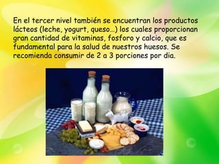 En el tercer nivel también se encuentran los productos
lácteos (leche, yogurt, queso…) los cuales proporcionan
gran cantidad de vitaminas, fosforo y calcio, que es
fundamental para la salud de nuestros huesos. Se
recomienda consumir de 2 a 3 porciones por dia.
 