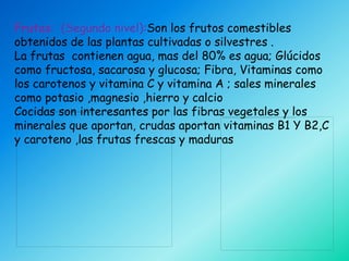 Frutas: (Segundo nivel):Son los frutos comestibles
obtenidos de las plantas cultivadas o silvestres .
La frutas contienen agua, mas del 80% es agua; Glúcidos
como fructosa, sacarosa y glucosa; Fibra, Vitaminas como
los carotenos y vitamina C y vitamina A ; sales minerales
como potasio ,magnesio ,hierro y calcio
Cocidas son interesantes por las fibras vegetales y los
minerales que aportan, crudas aportan vitaminas B1 Y B2,C
y caroteno ,las frutas frescas y maduras
 