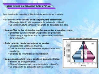 ANALISIS DE LA PIRAMIDE POBLACIONAL Para analizar la pirámide poblacional debemos tener presente: La anchura o estrechez de la cúspide para determinar: El envejecimiento y la esperanza de vida en la población. La infraestructura sanitaria y el grado de desarrollo del país. Los perfiles de las pirámides pueden presentar anomalías, como: Entrantes que nos indican una pérdida de población. Salientes que significan una recuperación o crecimiento  de la población. En la relación hombres-mujeres se analiza: Si nacen más varones o mujeres. Cuál de los dos sexos tiene una esperanza de vida  más larga. El grado de fecundidad de la población. La proporción de jóvenes, adultos y ancianos indica: El nivel de envejecimiento. El pronóstico sobre el crecimiento de la población. La proporción de población activa e inactiva. 