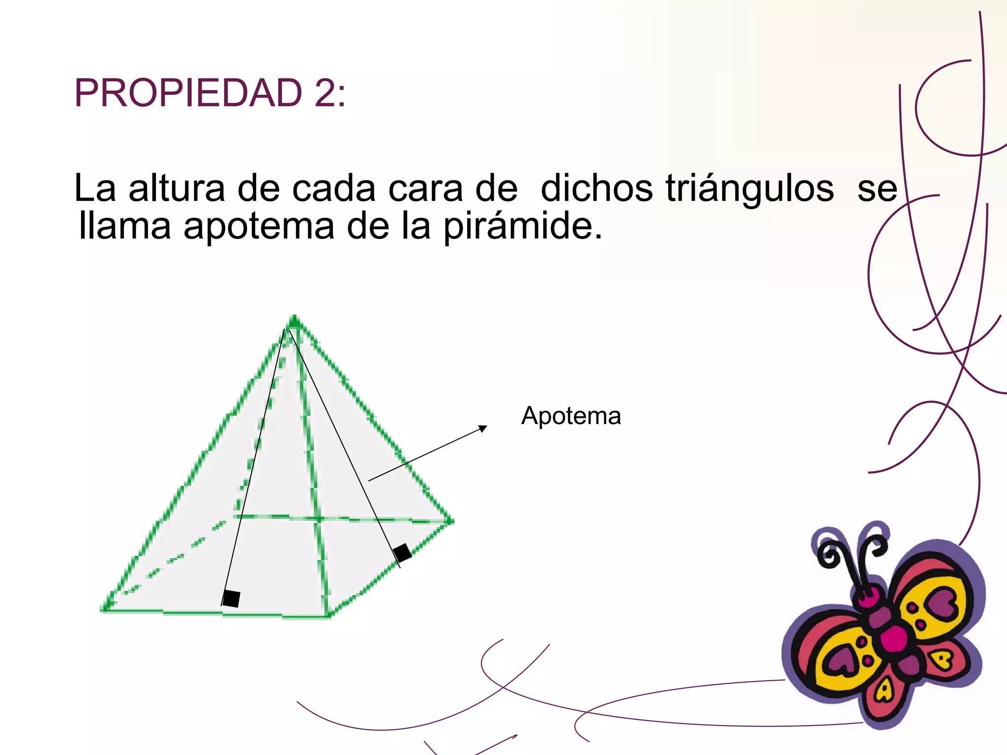 PROPIEDAD 2: La altura de cada cara de  dichos triángulos  se llama apotema de la pirámide. Apotema 