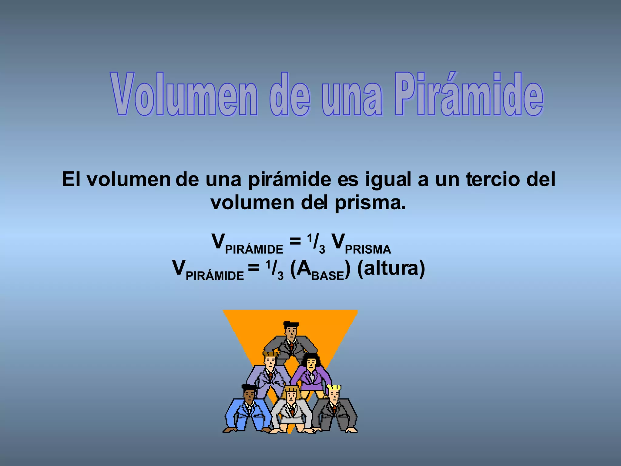 Volumen de una Pirámide El volumen de una pirámide es igual a un tercio del volumen del prisma. V PIRÁMIDE  =  1 / 3  V PRISMA V PIRÁMIDE  =  1 / 3  (A BASE ) (altura)  