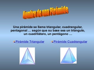Nombre de una Pirámide Una pirámide se llama triangular, cuadrangular, pentagonal … según que su base sea un triángulo, un cuadrilátero, un pentágono … Pirámide Triangular Pirámide Cuadrangular 