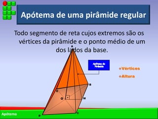 Apótema de uma pirâmide regular
     Todo segmento de reta cujos extremos são os
       vértices da pirâmide e o ponto médio de um
                           A
                     dos lados da base.

                                           Vértices

                                           Altura

                                       B

                   E

                       O           M




Apótema                        C
              D
 