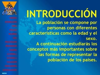 NZCH
NZCH
INTRODUCCIÓN
La población se compone por
personas con diferentes
características como la edad y el
sexo.
A continuación estudiarás los
conceptos más importantes sobre
las formas de representar la
población de los países.
PORTADA
INTRODUCCIÓN
TAREA
PROCESO
RECURSOS
GUÍA
PRESENTACIÓN
ORGANIZADOR
ESQUEMA
ACTIVIDAD 1
ACTIVIDAD 2
EVALUACIÓN
CONCLUSIONES
AUTOEVALUACIÓN
 