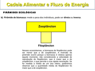 Zooplâncton
Fitoplâncton
b) Pirâmide de biomassa: mede o peso dos indivíduos, pode ser direta ou inversa.
Cadeia Alimentar e Fluxo de EnergiaCadeia Alimentar e Fluxo de Energia
PIRÂMIDES ECOLÓGICAS
Nesses ecossistemas, a biomassa de fitoplâncton pode
ser menor que a de zooplâncton. A inversão da
pirâmide ocorre porque a biomassa é relativa apenas
àquele momento, não considerando a velocidade de
reprodução do fitoplâncton, que é maior que a do
zooplâncton, o que permite a sua rápida renovação. Se
for medida a média de um ano inteiro, poderemos
observar que a quantidade média de fitoplâncton foi
maior que a de zooplâncton.
 