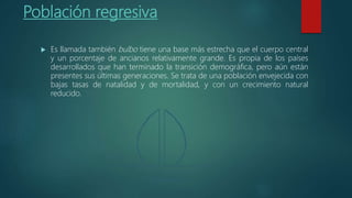 Población regresiva
 Es llamada también bulbo tiene una base más estrecha que el cuerpo central
y un porcentaje de ancianos relativamente grande. Es propia de los países
desarrollados que han terminado la transición demográfica, pero aún están
presentes sus últimas generaciones. Se trata de una población envejecida con
bajas tasas de natalidad y de mortalidad, y con un crecimiento natural
reducido.
 