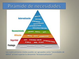 Los cuatro primeros niveles puedes ser agrupados como “necesidades de
déficit” al nivel superior lo denominó “Actoaactualización”
 
