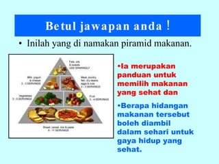 Betul jawapan anda ! Inilah yang di namakan piramid makanan. From USDA Ia merupakan panduan untuk memilih makanan yang sehat dan Berapa hidangan makanan tersebut boleh diambil dalam sehari untuk gaya hidup yang sehat. 