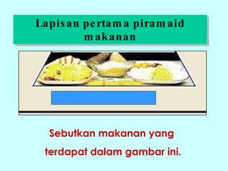 Lapisan pertama piramaid makanan Sebutkan makanan yang  terdapat dalam gambar ini. 