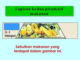 Lapisan kedua piramaid makanan Sebutkan makanan yang  terdapat dalam gambar ini. 