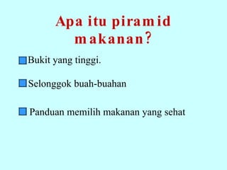 Apa itu piramid makanan? Bukit yang tinggi. Selonggok buah-buahan Panduan memilih makanan yang sehat 