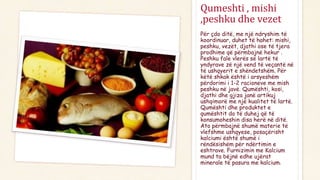 Qumeshti , mishi
,peshku dhe vezet
Për çdo ditë, me një ndryshim të
koordinuar, duhet të hahet: mishi,
peshku, vezët, djathi ose të tjera
prodhime që përmbajnë hekur .
Peshku fale vlerës së lartë të
yndyrave zë një vend të veçantë në
të ushqyerit e shëndetshëm. Për
këtë shkak është i arsyeshëm
përdorimi i 1-2 racioneve me mish
peshku në javë. Qumështi, kosi,
djathi dhe gjiza janë artikuj
ushqimorë me një kualitet të lartë.
Qumështi dhe produktet e
qumështit do të duhej që të
konsumoheshin disa herë në ditë.
Ato përmbajnë shumë materie të
vlefshme ushqyese, posaçërisht
kalciumi është shumë i
rëndësishëm për ndërtimin e
eshtrave. Furnizimin me Kalcium
mund ta bëjnë edhe ujërat
minerale të pasura me kalcium.
 