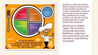 Struktura e vjetër piramidale
kishte ushqimet bazë që duhet
të konsumohen çdo ditë në
rendin e mëposhtëm: drithërat,
perimet dhe frutat, qumështi
dhe prodhimet e tij, mishi,
peshku, veza dhe më në fund,
në hapësirën më të vogël
yndyrat dhe sheqernat.
Çfarë ka të re ushqimi
“pjatë”? Në të vërtetë,
shumë pak ndryshime
thelbësore: sugjerimet
janë të destinuara për çdo
vakt dhe jo të përditshme
si piramida.
 