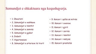 Semundjet e shkaktuara nga kequshqyerja.
• 1. Obeziteti
• 2. Sëmundjet e veshkave
• 3. Sëmundjet e tëmthit
• 4. Sëmundjet e zemrës
• 5. Sëmundjet e gjakut
• 6. Diabeti
• 7. Hipertensioni
• 8. Sëmundjet e arterieve të trurit
• 9. Kanceri i qafës së mitrës
• 10. Kanceri i ovareve
• 11. Kanceri i gjirit
• 12. Kanceri i zorrës
• 13. Kanceri i tëmthit
• 14. Kanceri i mëlçisë
• 15. Kancerii prostatës
 