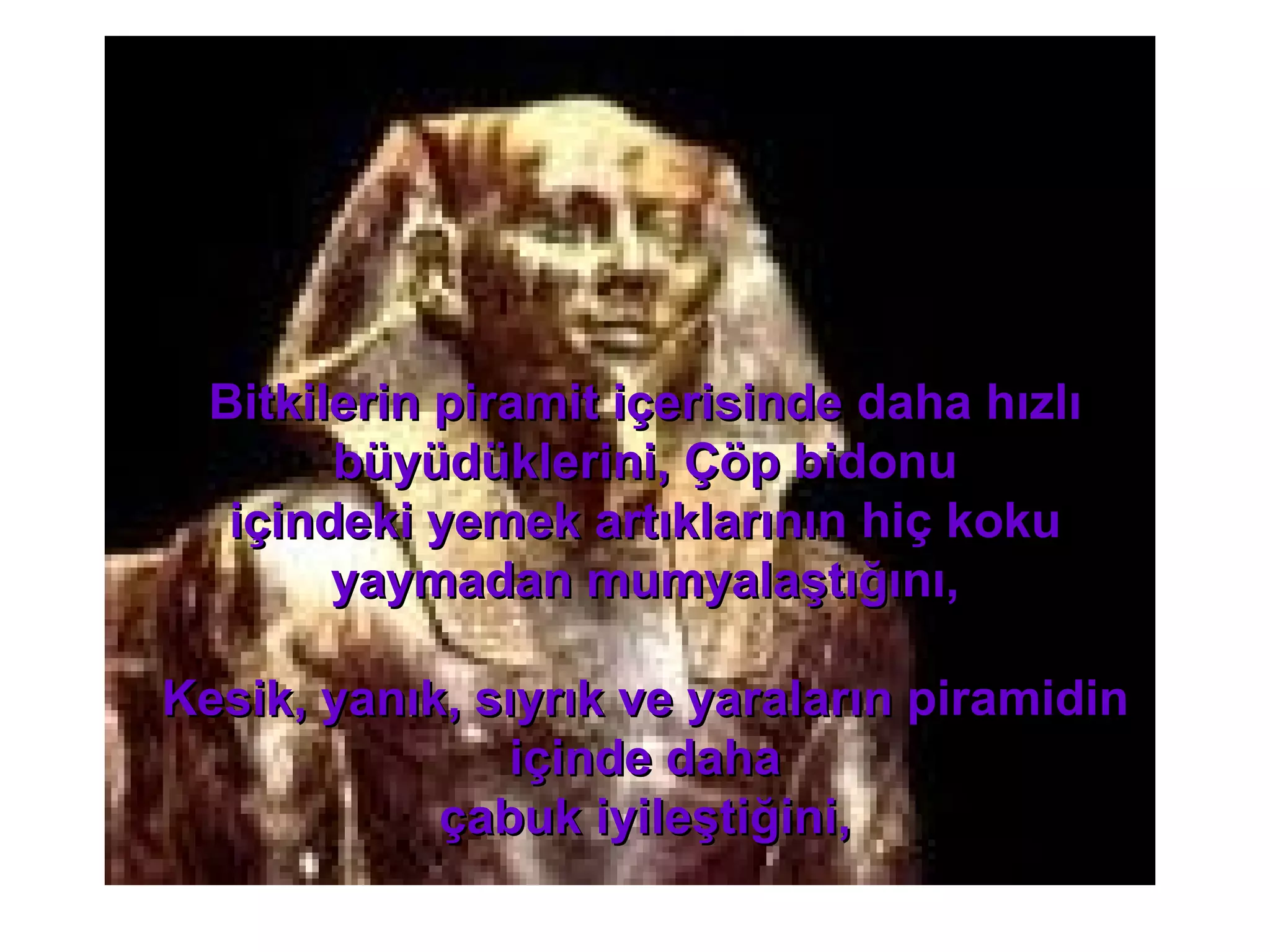 Bitkilerin piramit içerisinde daha hızlı büyüdüklerini, Çöp bidonu içindeki yemek artıklarının hiç koku yaymadan mumyalaştığını, Kesik, yanık, sıyrık ve yaraların piramidin içinde daha çabuk iyileştiğini, 