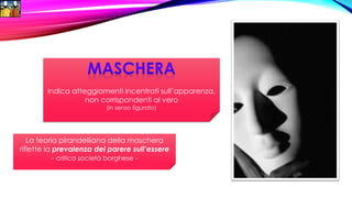indica atteggiamenti incentrati sull’apparenza,
non corrispondenti al vero
(in senso figurato)
La teoria pirandelliana della maschera
riflette la prevalenza del parere sull’essere
- critica società borghese -
 