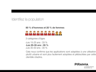 Identiﬁez la population

          80 % d’hommes et 20 % de femmes



          3 catégories d’âges
          •Les 15-25 ans : 33 %
          •Les 25-35 ans : 35 %

          •Les 35-50 ans : 30 %


          Cela nous confirme que les applications sont adaptées à une utilisation
          plutôt urbaine et sont plus facilement adoptées et plébiscitées par cette
          clientèle citadine.
 