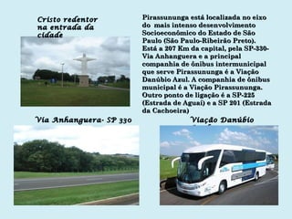 Cristo redentor na entrada da cidade Via Anhanguera- SP 330 Viação Danúbio Azul Pirassununga está localizada no eixo do  mais intenso desenvolvimento Socioeconômico do Estado de São Paulo (São Paulo-Ribeirão Preto). Está a 207 Km da capital, pela SP-330- Via Anhanguera e a principal companhia de ônibus intermunicipal  que serve Pirassununga é a Viação Danúbio Azul. A companhia de ônibus municipal é a Viação Pirassununga. Outro ponto de ligação é a SP-225 (Estrada de Aguaí) e a SP 201 (Estrada da Cachoeira) 