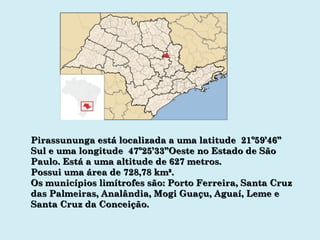 Pirassununga está localizada a uma latitude  21º59’46’’ Sul e uma longitude  47º25’33’’Oeste no Estado de São Paulo. Está a uma altitude de 627 metros. Possui uma área de 728,78 km². Os municípios limítrofes são: Porto Ferreira, Santa Cruz das Palmeiras, Analândia, Mogi Guaçu, Aguaí, Leme e Santa Cruz da Conceição. 