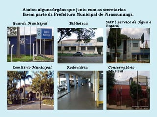 Abaixo alguns órgãos que junto com as secretarias fazem parte da Prefeitura Municipal de Pirassununga. Cemitério Municipal Rodoviária Guarda Municipal Biblioteca SAEP  ( Serviço de Água e Esgoto) Conservatório Musical 