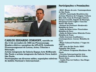 CARLOS EDUARDO ZORNOFF ,  nascido no dia 14 de novembro de 1959 em Pirassununga. Membro efetivo e perpétuo da APLACE- Academia Pirassununguense de Letras, Artes, Ciências e  Educação. Artista integrante da Galeria Espaço Arte M.Mizrahi- São Paulo e artista integrante da Galeria Nova André-  São Paulo. Participações em diversos salões, exposições coletivas de âmbito Nacional e Internacional . Participações e Premiações --MAC- Museu de arte  Contemporânea de São Paulo. -APAPC- Associação Brasileira dos Artistas Plásticos de Colagem- Cultura Blue Life, Casa de Portugal, Galeria Parque Avenida, Saguão do Banespa, Shopping Center Light e Casa das Rosas- São Paulo. -Semana de Portinari- Brodowski- Medalha de Ouro -Salão de Belas Artes- Piracicabas- Medalha de Ouro -Salão de Belas Artes- Ribeirão Preto- Medalha de Prata -Salão Ararense Acadêmico e Contemporâneo- Araras- Medalha de Ouro -Mapa Cultural Paulista- 1º lugar do Estado -450  anos de São Paulo- SESC Pompéia- São Paulo -TV Cultura- Programa Musikaos- São Paulo -Circuito Internacional de Arte Brasileira- Londres, Madri, Lisboa, Bueno Aires. - Limbo Fine Art Gallery- San Diego- Califórnia 