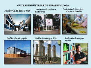 OUTRAS INDÚSTRIAS DE PIRASSUNUNGA
                           Indústria de cadernos   Indústria de Biscoitos
Indústria de dentes VIPI   Caderbras                  Cosme e Damião




 Indústria de ração        Baldin Bioenergia S/A     Indústria de roupas
                                                     Stroke
 