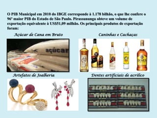 O PIB Municipal em 2010 do IBGE corresponde à 1.178 bilhão, o que lhe confere o
96º maior PIB do Estado de São Paulo. Pirassununga obteve um volume de
exportação equivalente à US$51,09 milhão. Os principais produtos de exportação
foram:
   Açúcar de Cana em Bruto                          Caninhas e Cachaças




   Artefatos de Joalheria                      Dentes artificiais de acrílico
 