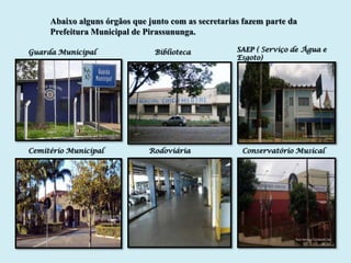 Abaixo alguns órgãos que junto com as secretarias fazem parte da
     Prefeitura Municipal de Pirassununga.

Guarda Municipal                Biblioteca           SAEP ( Serviço de Água e
                                                     Esgoto)




Cemitério Municipal           Rodoviária              Conservatório Musical
 