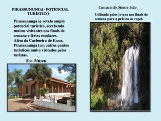 Cascata do Monte Sião
PIRASSUNUNGA- POTENCIAL
      TURÍSTICO                    Utilizada pelos jovens nos finais de
                                   semana para a prática de rapel.
Pirassununga se revela amplo
potencial turístico, recebendo
muitos visitantes nos finais de
semana e férias escolares.
Além da Cachoeira de Emas,
Pirassununga tem outros pontos
turísticos muito visitados pelos
turistas.
      Eco Museu
 